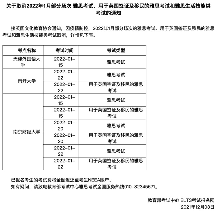 2022年1~3月份部分雅思考試取消！或將禁止跨省考試！