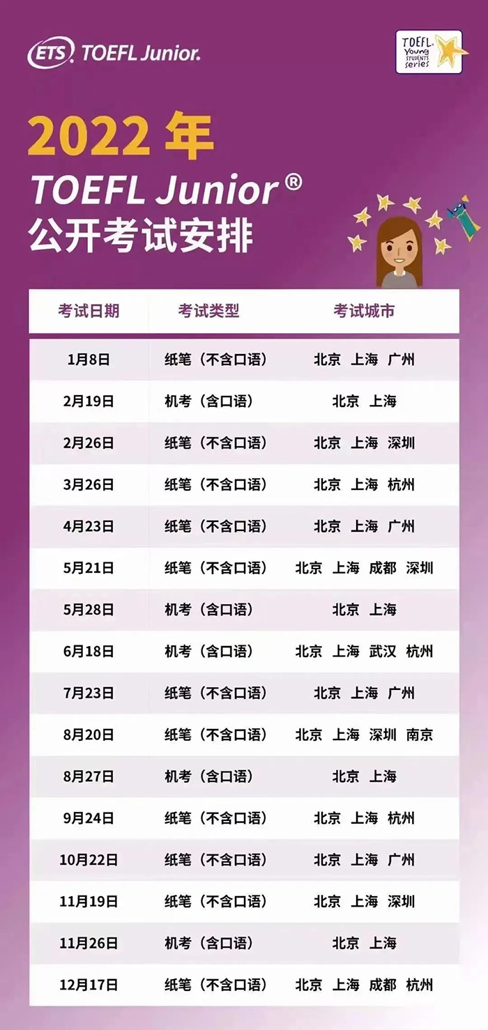 2022小托福考試時間及考場考點信息